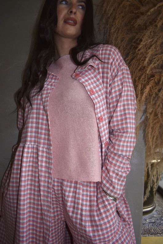 Annie Gingham Peter Pan Frock Coat Soft Coral